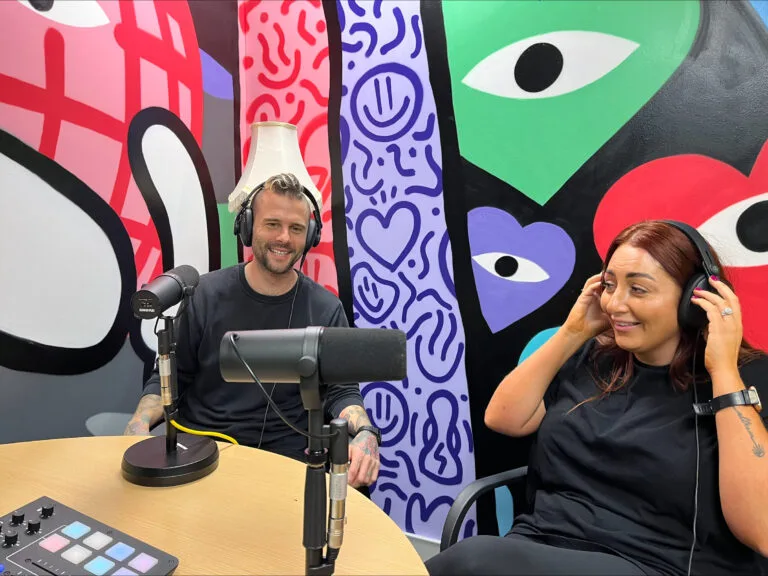 CIPs Jim Donghey and Aine Brady in Northumbria University podcasting booth at the in-person Welcome Event in Newcastle, October 2023 - image credit Lauren Baker Mitchell